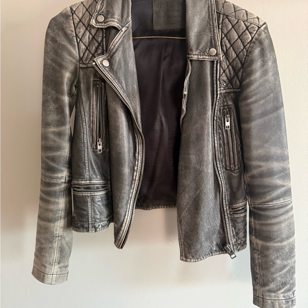 AllSaints Distressed Gray Quilted Leather Moto Jacket